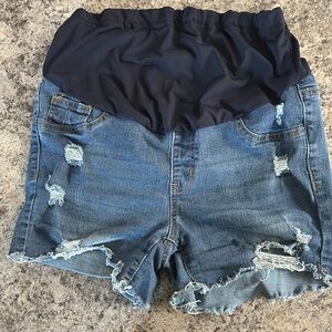 MATERNITY Blue Distressed Jean Shorts with Raw Hem